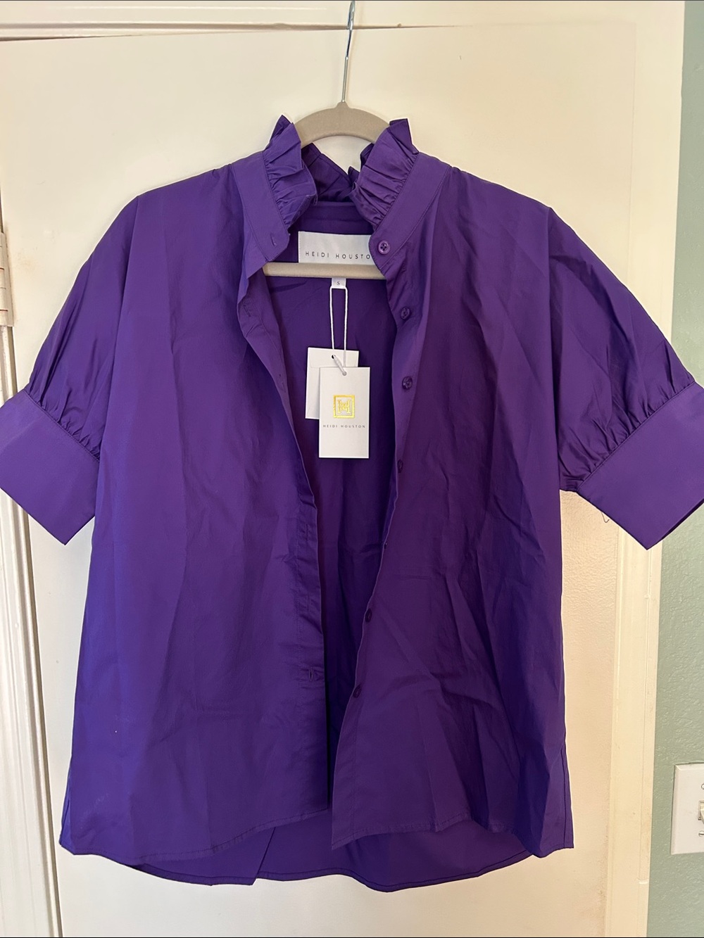 Heidi Houston Purple Ruffle Collar Short-Sleeve Shirt Small